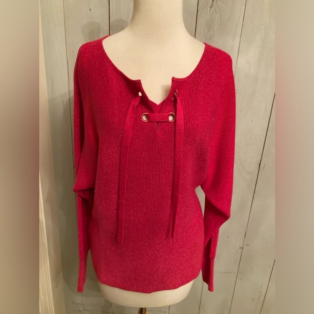 Tommy Bahama Tie V-Neck Sparkle Pink Sweater‎ Dolman Sleeves Size SM Retail 128$